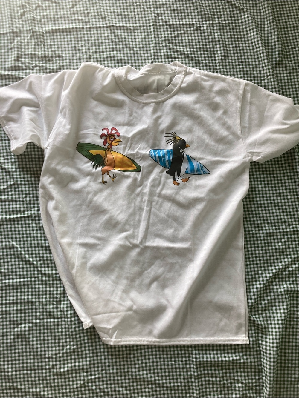 Gildan White Tee with Colorful Surf Bird Graphics